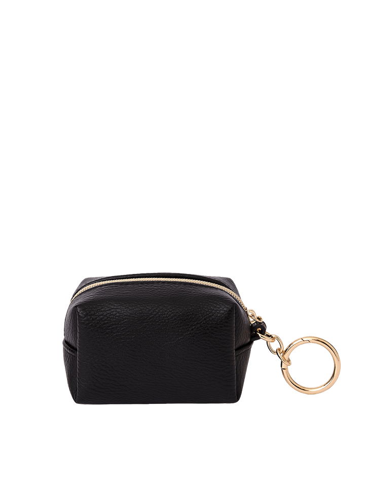Side view of the Tag Along Charm in Black with gold-tone O-clasp
