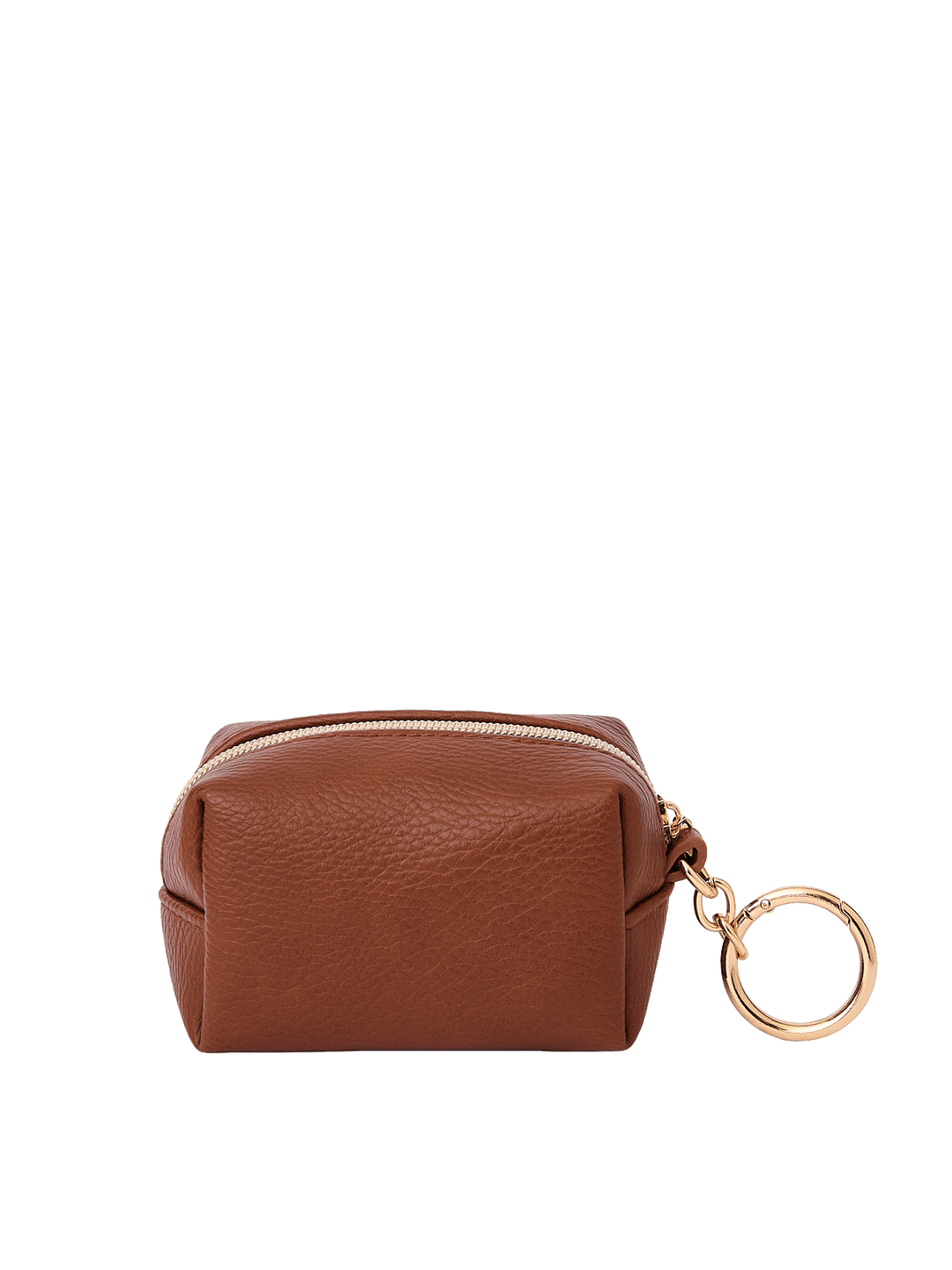 Side view of the Tag Along Charm in Chestnut with gold-tone O-clasp