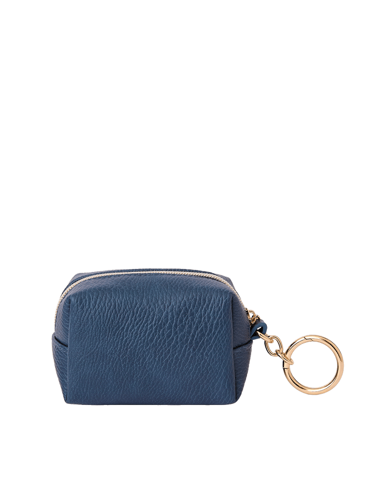 Side view of the Tag Along Charm in Navy with gold-tone O-clasp