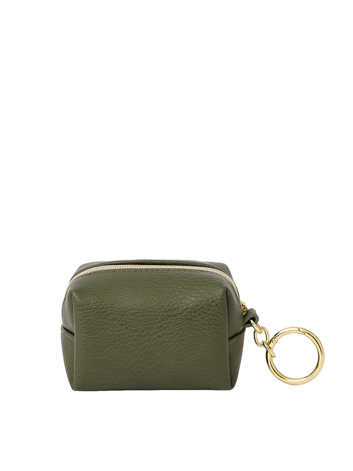 Side view of the Tag Along Charm in Olive with gold-tone O-clasp