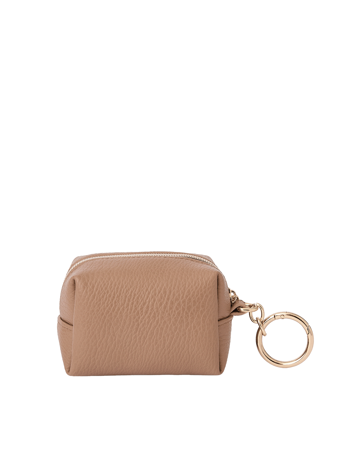 Side view of the Tag Along Charm in Taupe with gold-tone O-clasp