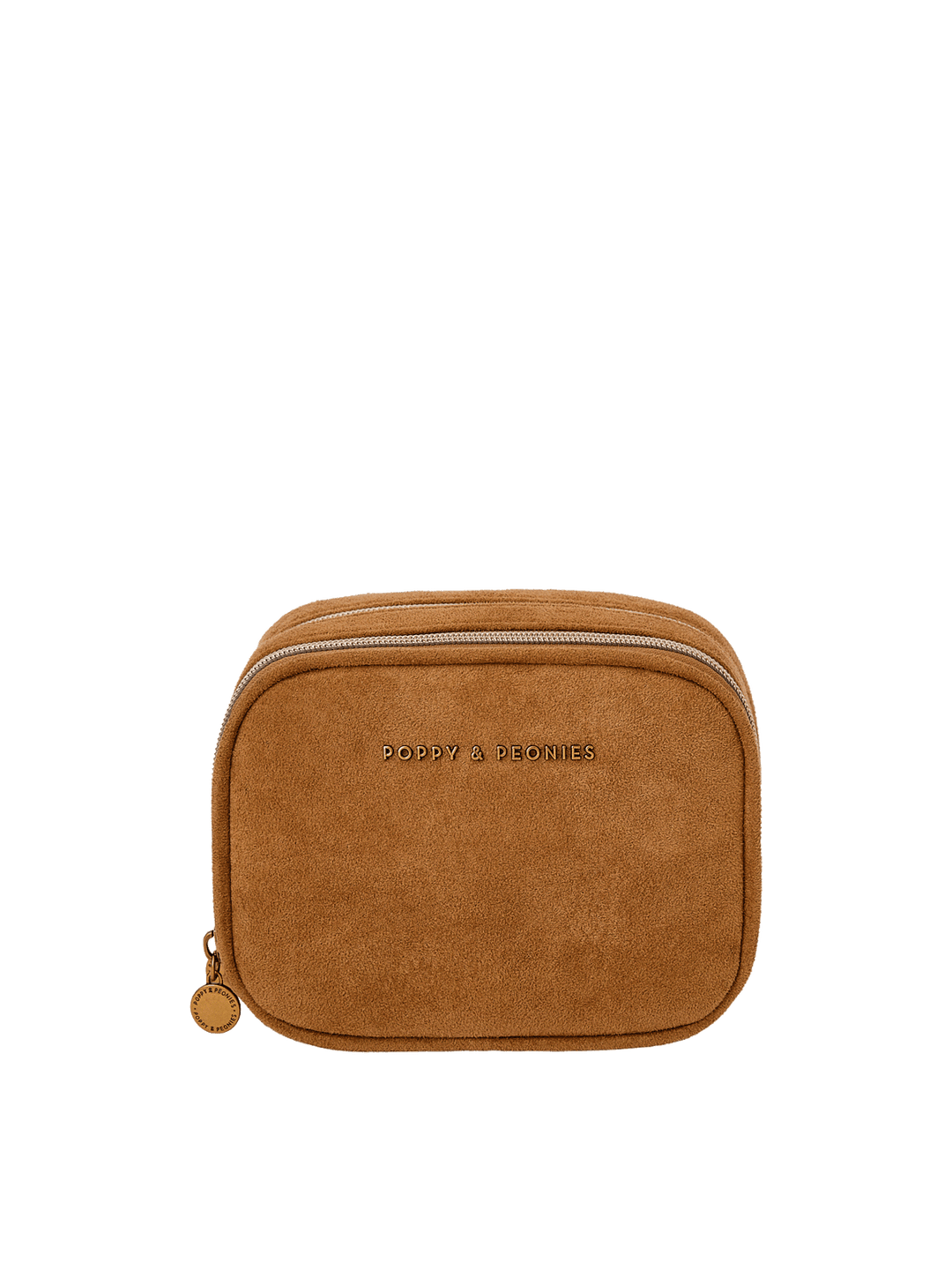 A small tan suede tech and cosmetic pouch with two top zippers.