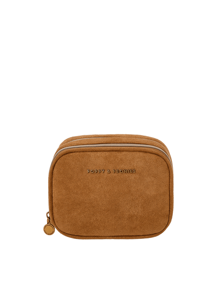 A small tan suede tech and cosmetic pouch with two top zippers.