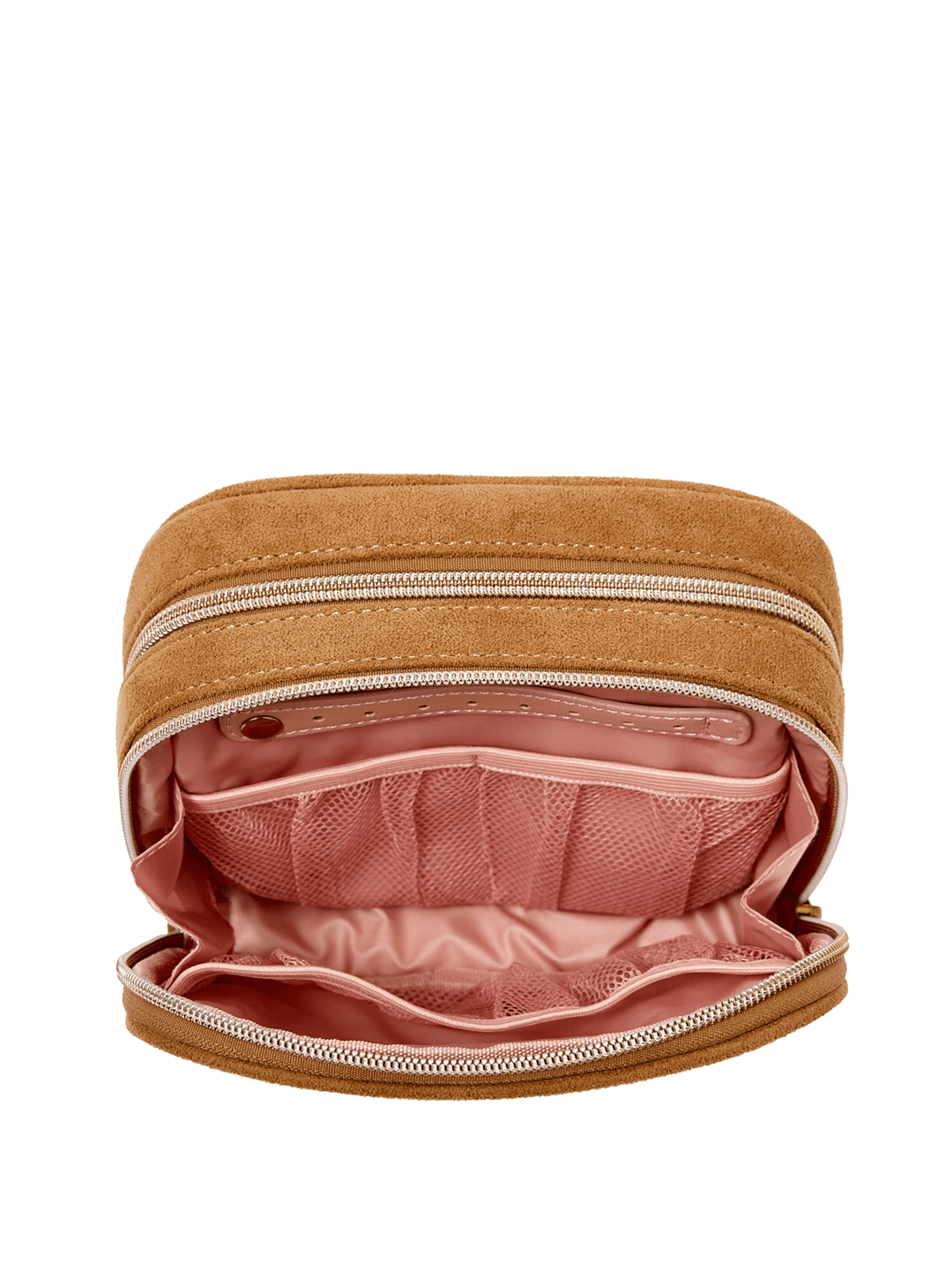 Poppy & Peonies Pretty Connected Case in Cognac Suede open interior view, showcasing blush-pink lining and multiple organizational pockets.
