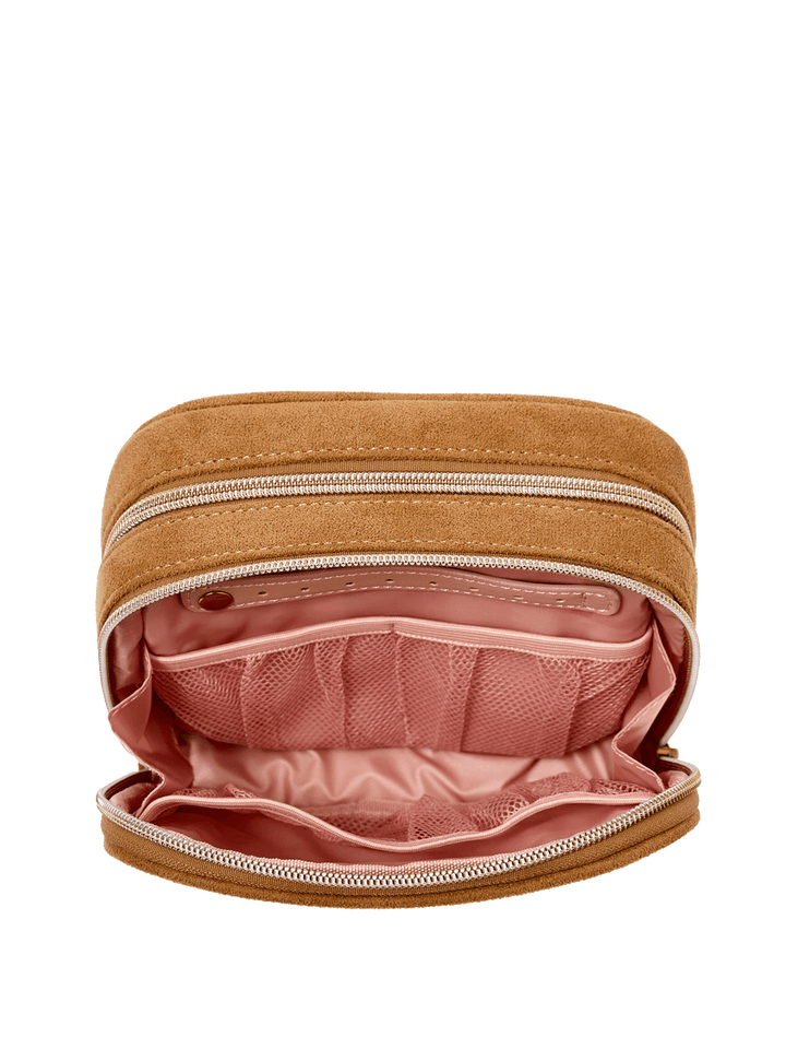 Poppy & Peonies Pretty Connected Case in Cognac Suede open interior view, showcasing blush-pink lining and multiple organizational pockets.