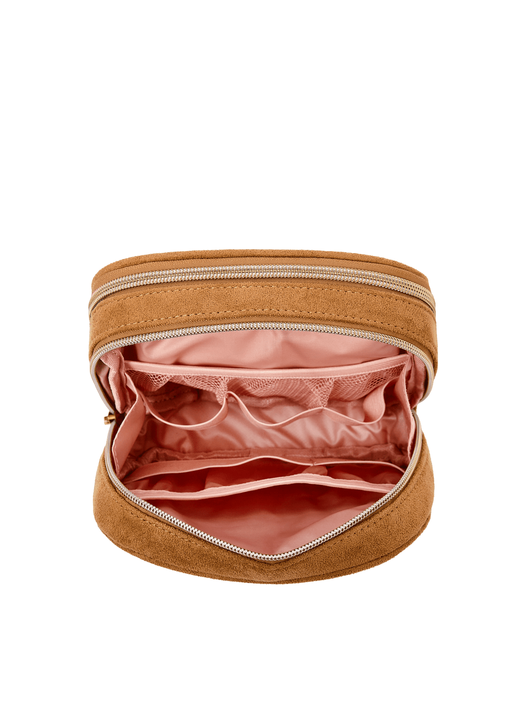 Poppy & Peonies Pretty Connected Case in Cognac Suede open compartment view, highlighting the divided blush-pink interior and storage pockets.