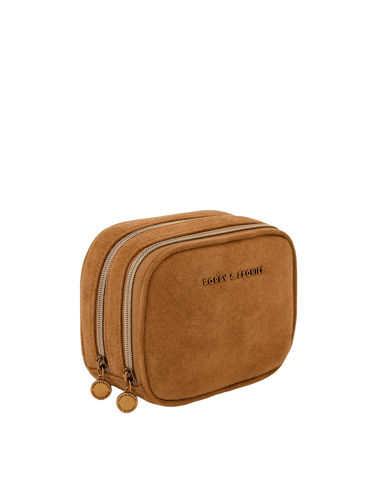 Poppy & Peonies Pretty Connected Case in Cognac Suede angled side view, highlighting the double-zip design, structured silhouette and gold-tone hardware.