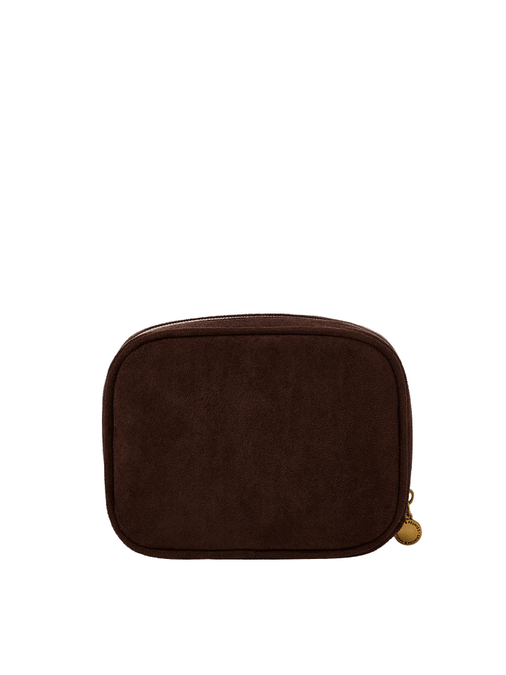 Poppy & Peonies Pretty Connected Case in Espresso Suede back view, featuring a compact structured shape, soft suede exterior and zip-around closure.