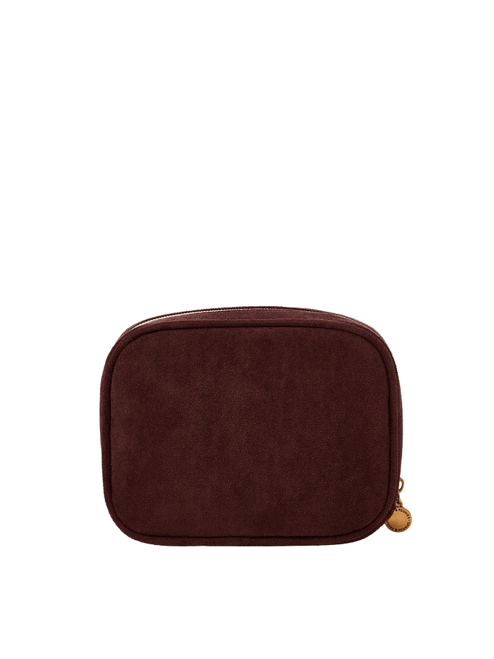 Poppy & Peonies Pretty Connected Case in Espresso Suede back view, featuring a compact structured shape, soft suede exterior and zip-around closure.