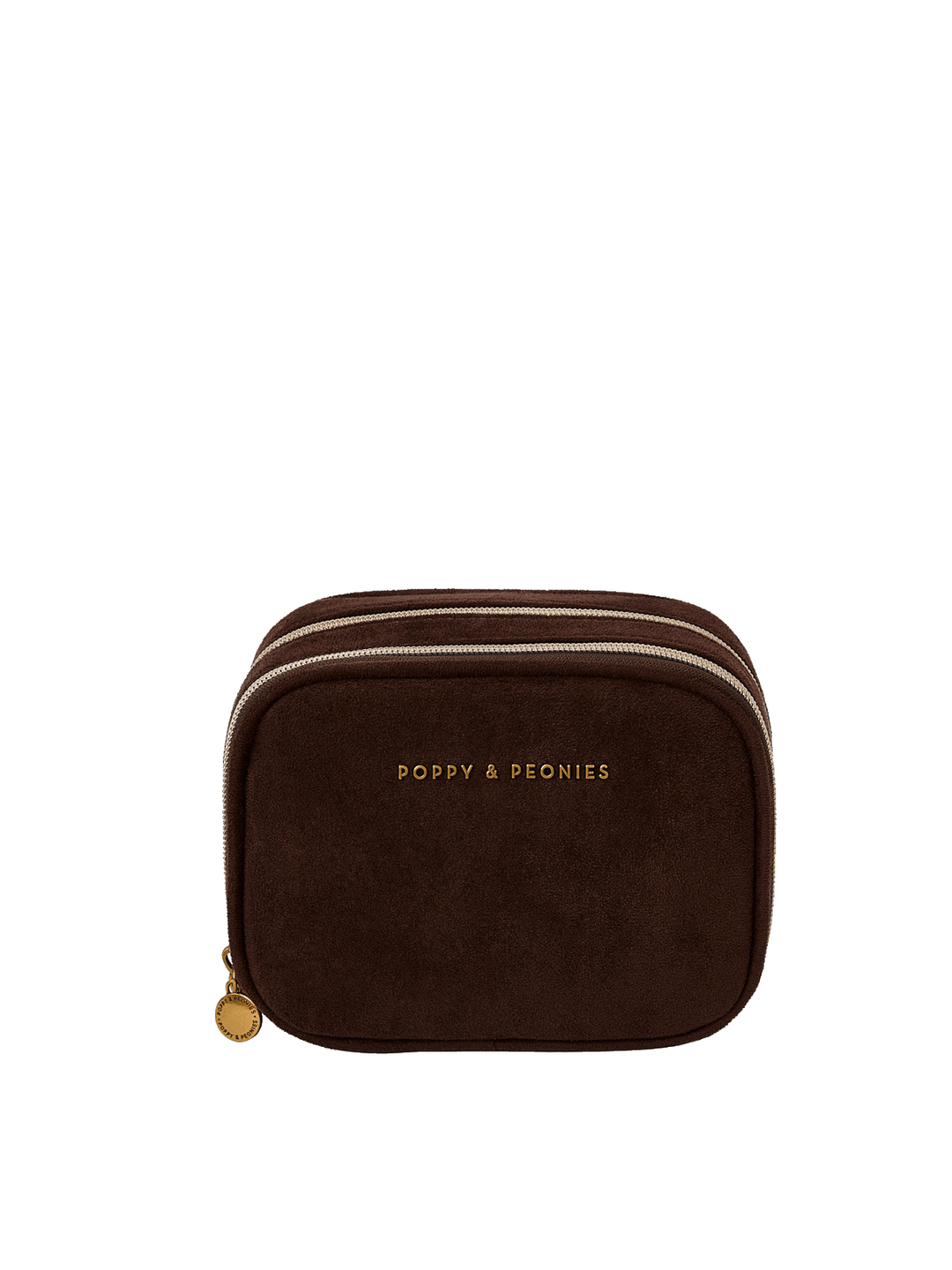 A small dark brown suede tech and cosmetic pouch with two top zippers.