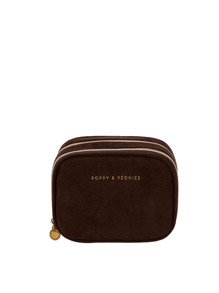 A small dark brown suede tech and cosmetic pouch with two top zippers.
