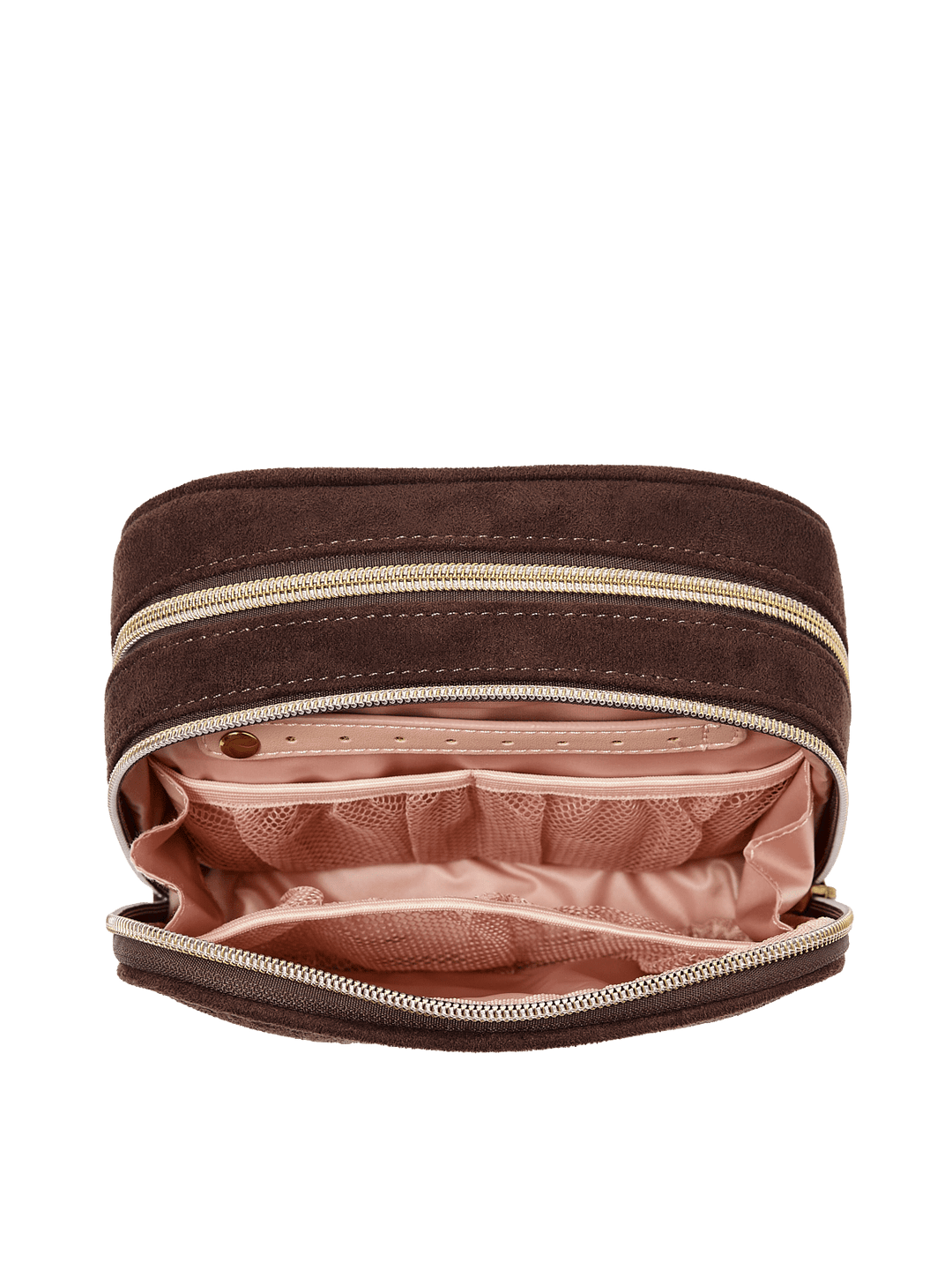 Poppy & Peonies Pretty Connected Case in Espresso Suede open compartment view, highlighting the divided blush-pink interior and storage pockets.