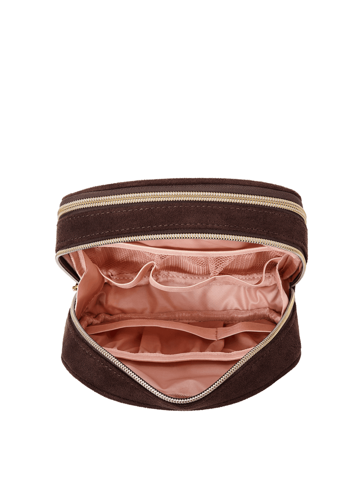 Poppy & Peonies Pretty Connected Case in Espresso Suede open interior view, showcasing blush-pink lining and multiple organizational pockets.