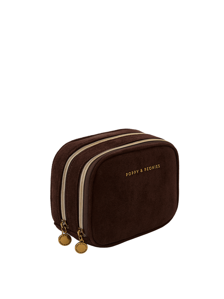 Poppy & Peonies Pretty Connected Case in Espresso Suede angled side view, highlighting the double-zip design, structured silhouette and gold-tone hardware.