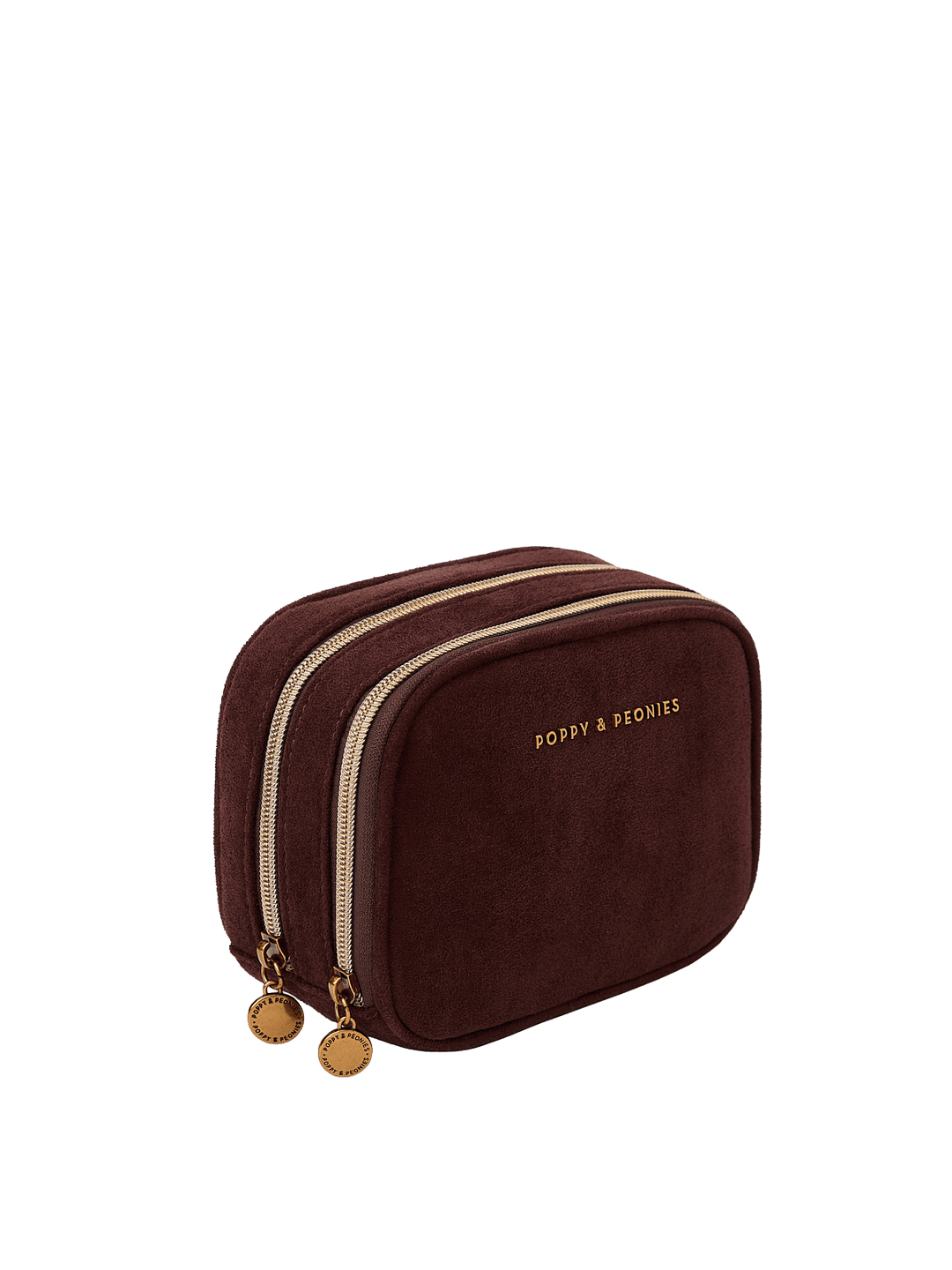 Poppy & Peonies Pretty Connected Case in Espresso Suede angled side view, highlighting the double-zip design, structured silhouette and gold-tone hardware.