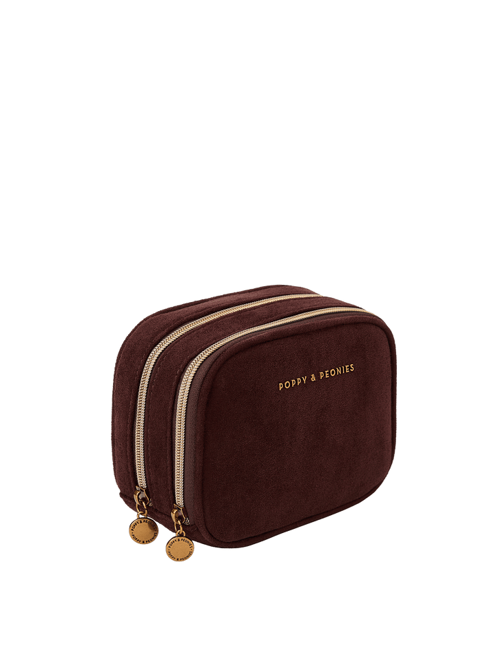 Poppy & Peonies Pretty Connected Case in Espresso Suede angled side view, highlighting the double-zip design, structured silhouette and gold-tone hardware.
