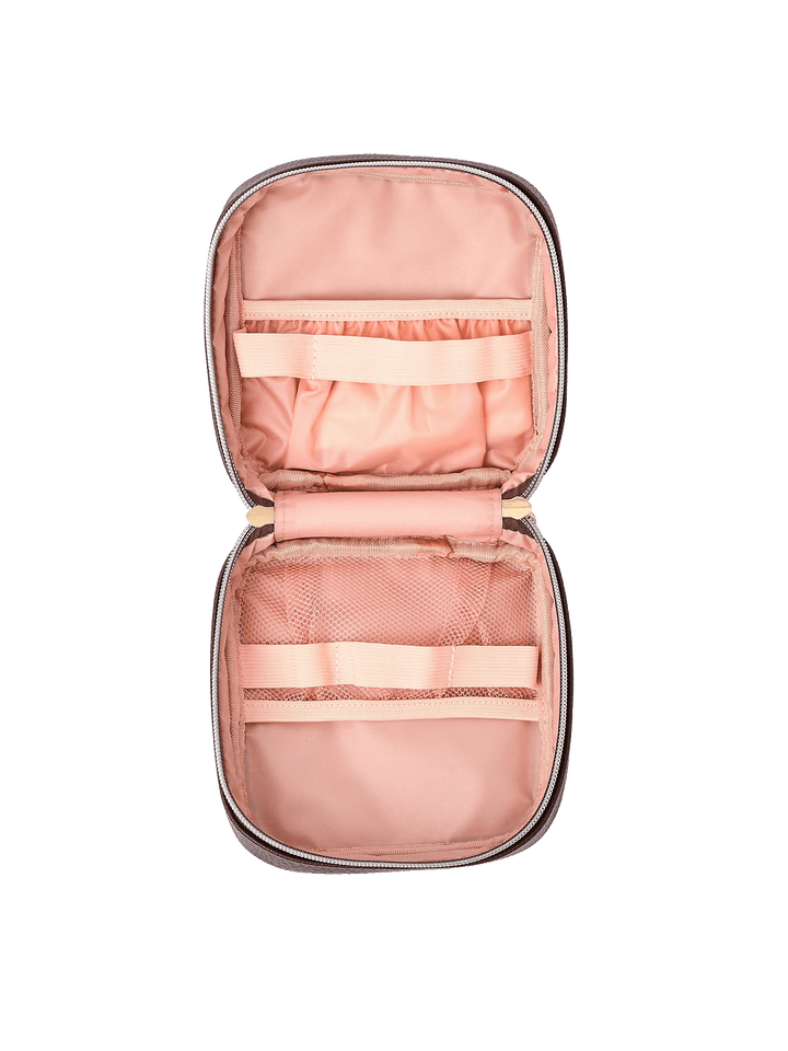The Teched Out Case in Espresso opened to show elastic storage bands, slide pocket, and mesh pouch