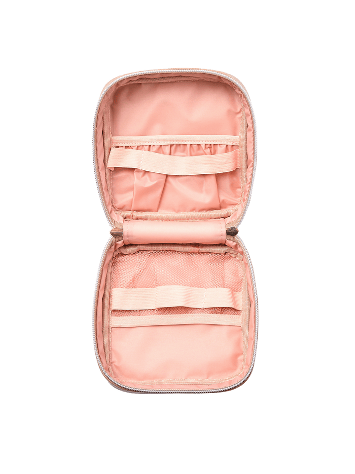 The Teched Out Case in Taupe opened to show elastic storage bands, slide pocket, and mesh pouch
