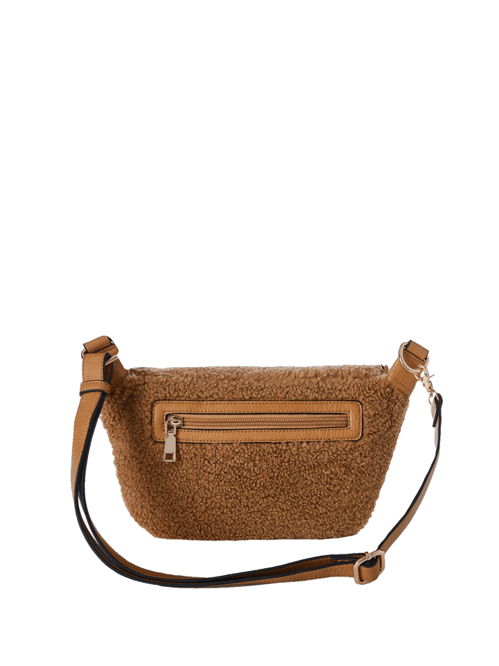Back of a brown faux fur crossbody bag
