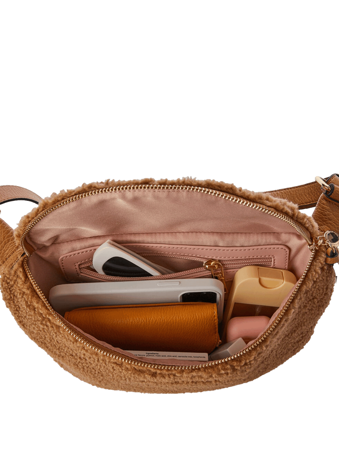 Interior of a brown faux fur crossbody bag 