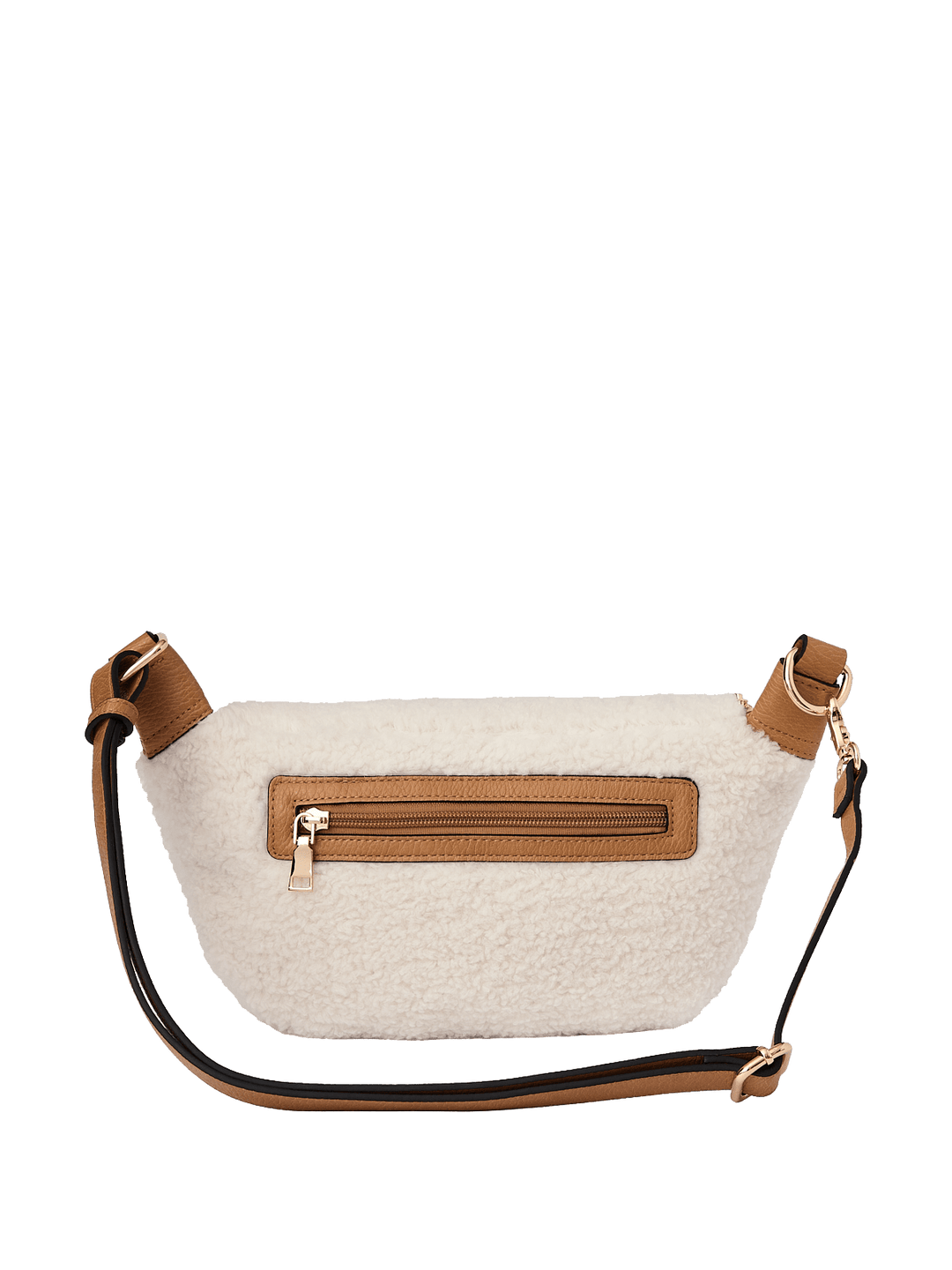 Cream faux fur crossbody bag with brown straps