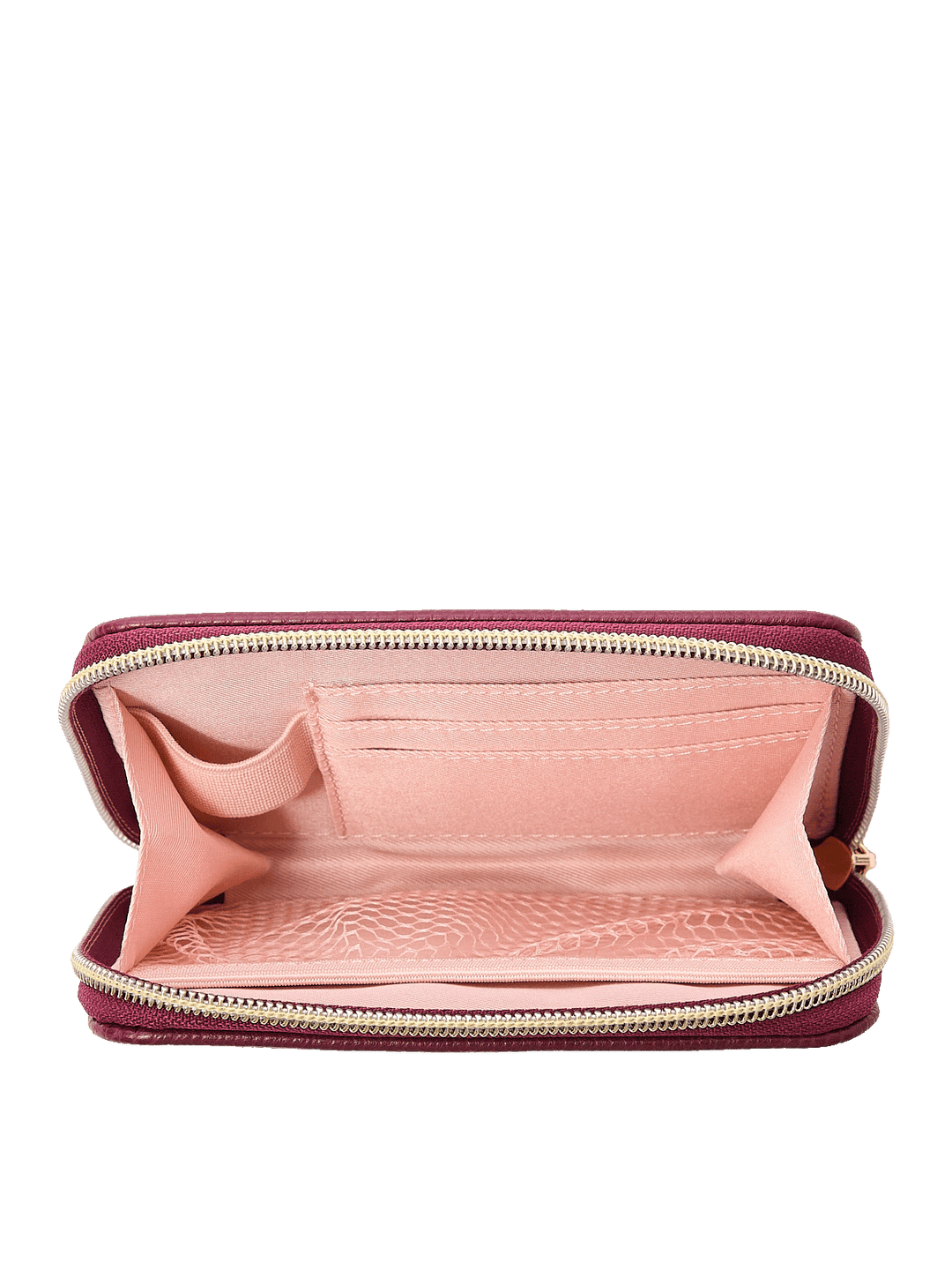 Interior of The Grab and Go Wallet in Berry with card slots, lipstick holder, and mesh pocket