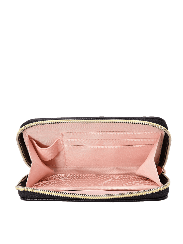 Interior of The Grab and Go Wallet in Black with card slots, lipstick holder, and mesh pocket