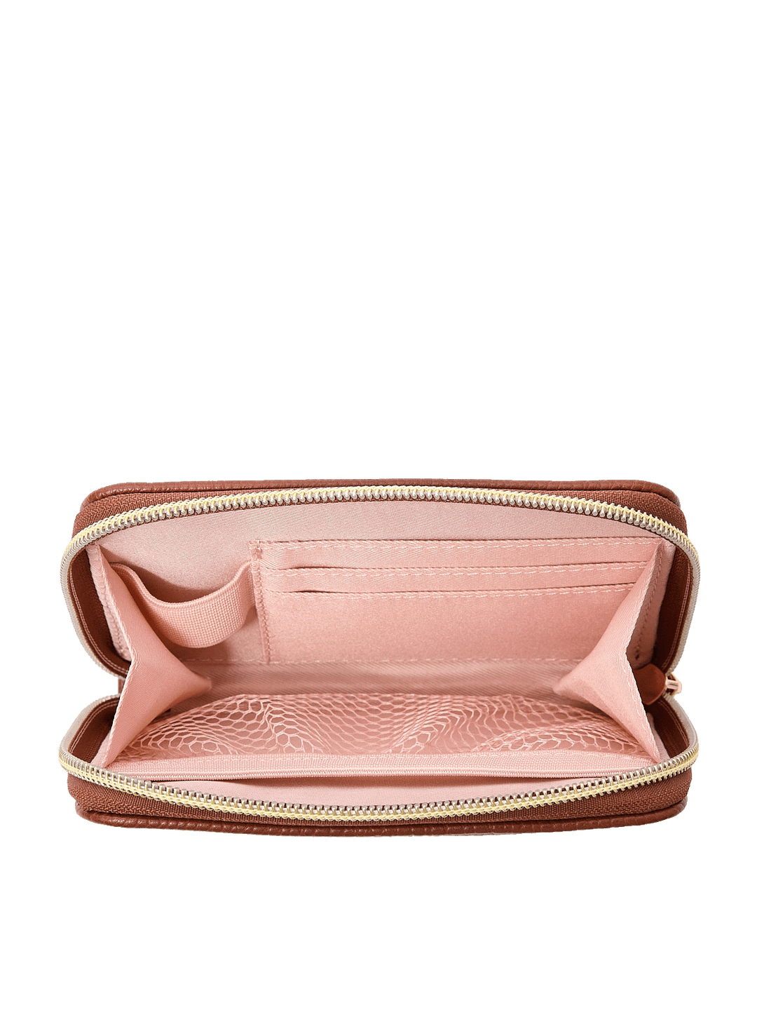 Interior of The Grab and Go Wallet in Chestnut with card slots, lipstick holder, and mesh pocket