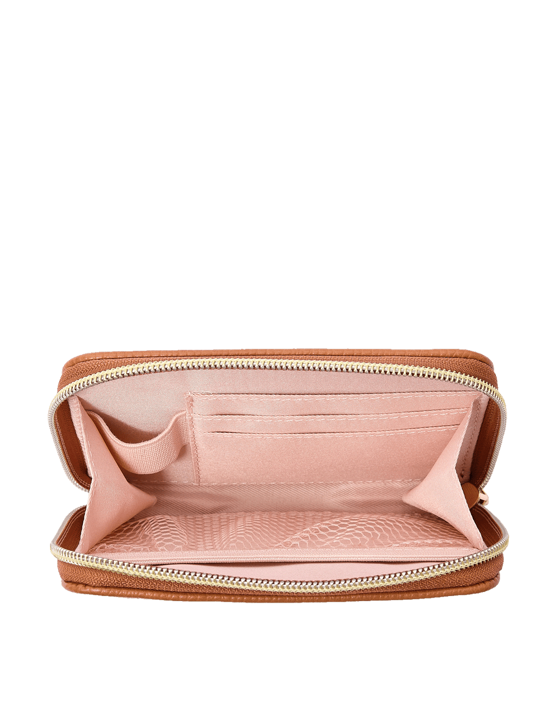 Interior of The Grab and Go Wallet in Cognac with card slots, lipstick holder, and mesh pocket