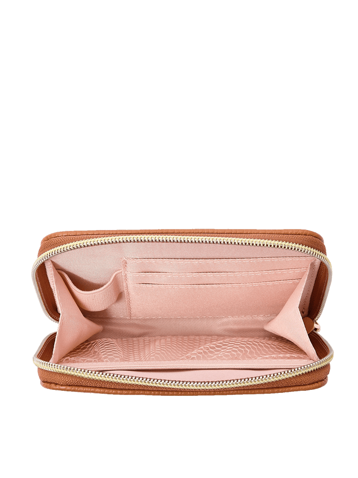 Interior of The Grab and Go Wallet in Cognac with card slots, lipstick holder, and mesh pocket