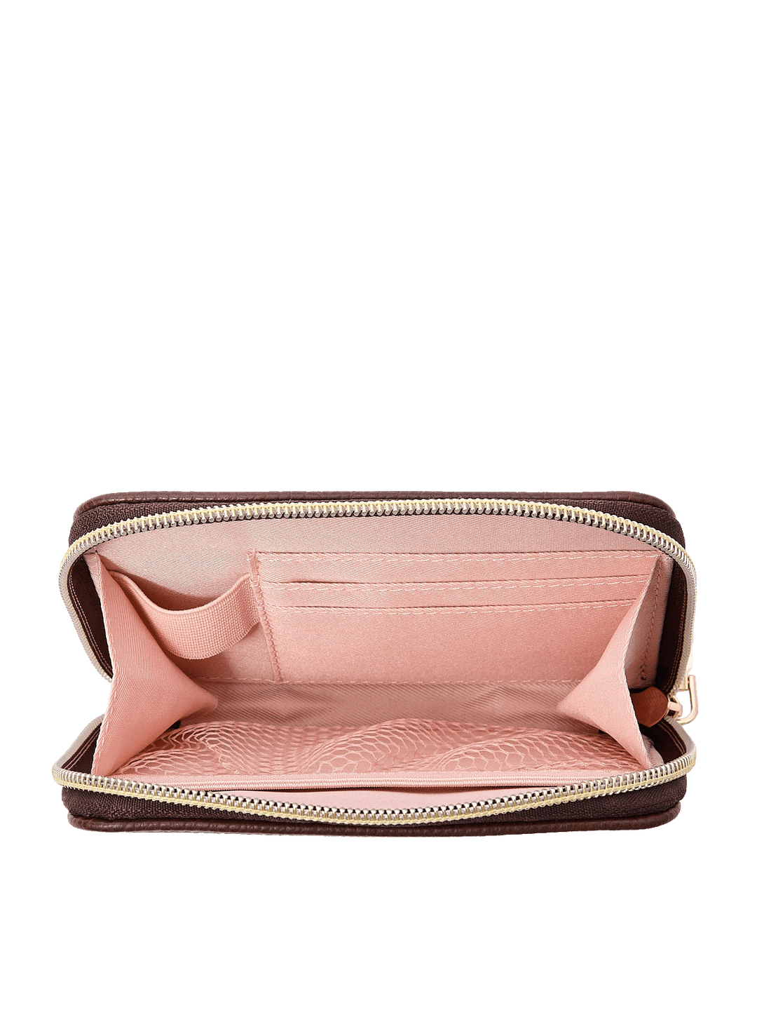 Interior of The Grab and Go Wallet in Espresso with card slots, lipstick holder, and mesh pocket
