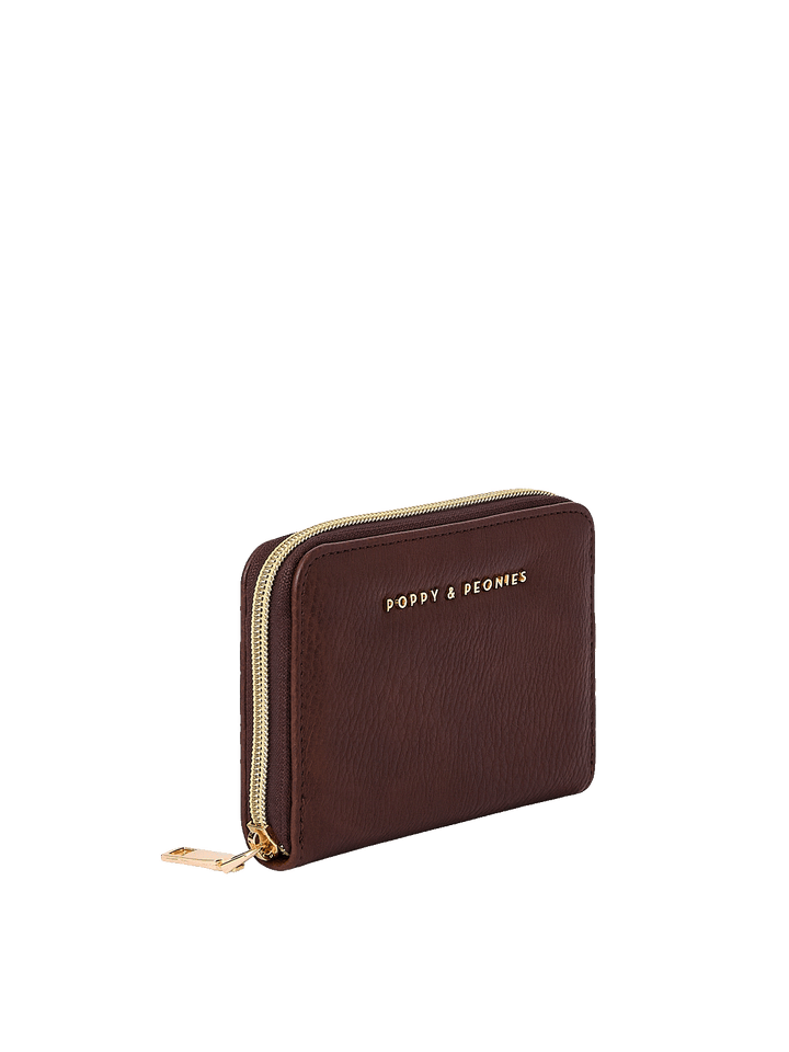 Angled view of The Grab and Go Wallet in Espresso