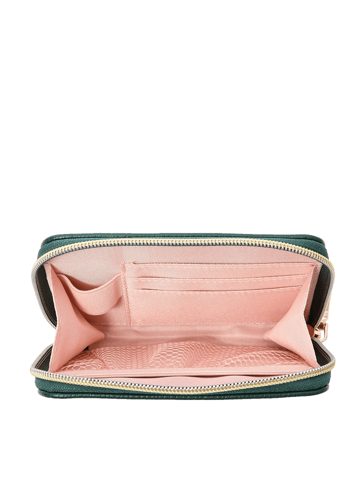 Interior of The Grab and Go Wallet in Heritage Green with card slots, lipstick holder, and mesh pocket
