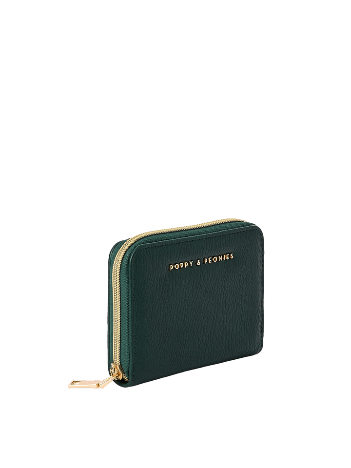 Angled view of The Grab and Go Wallet in Heritage Green
