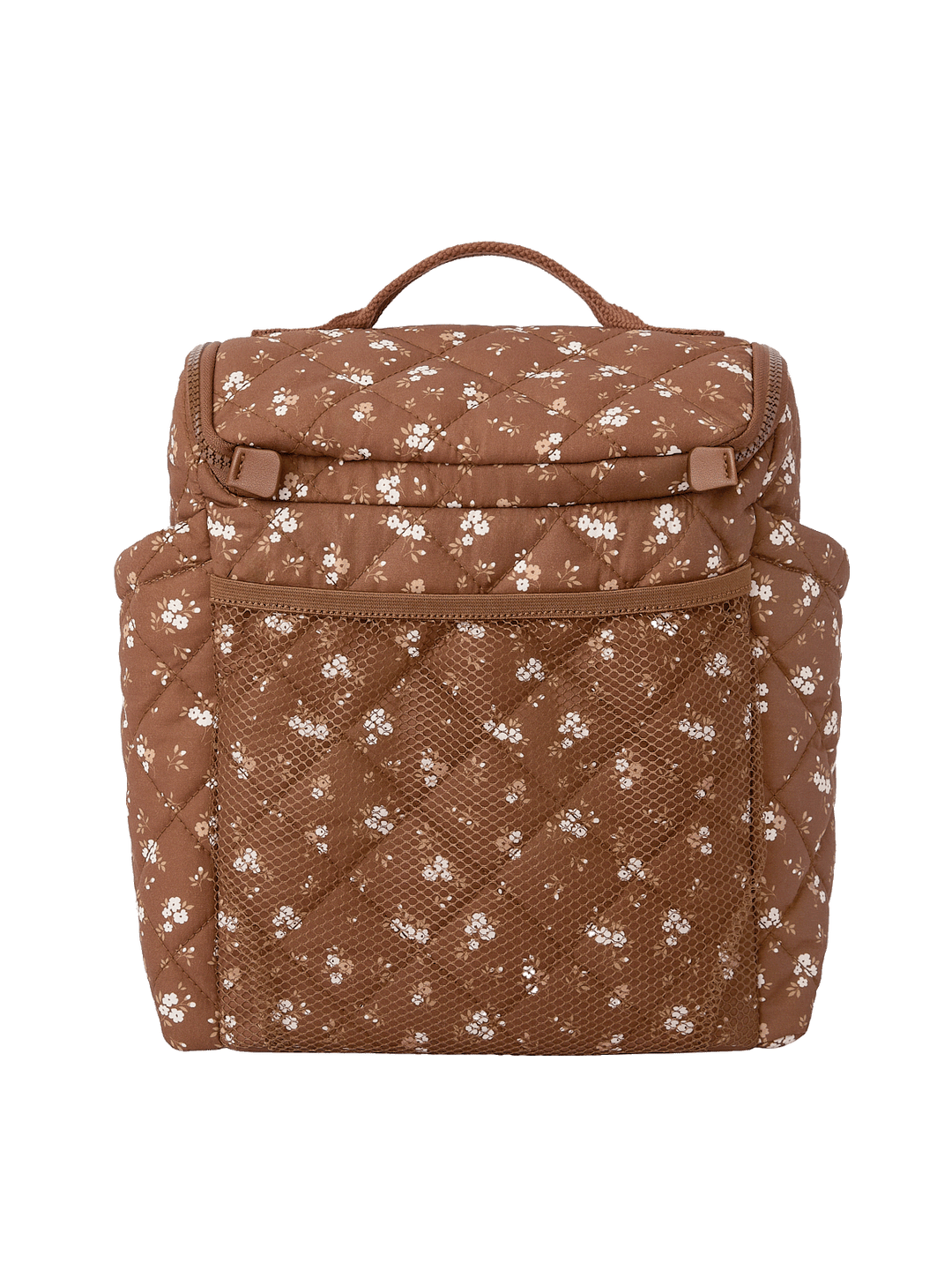 Back view of The Lunch Date lunch bag in Brown Floral with exterior storage pocket