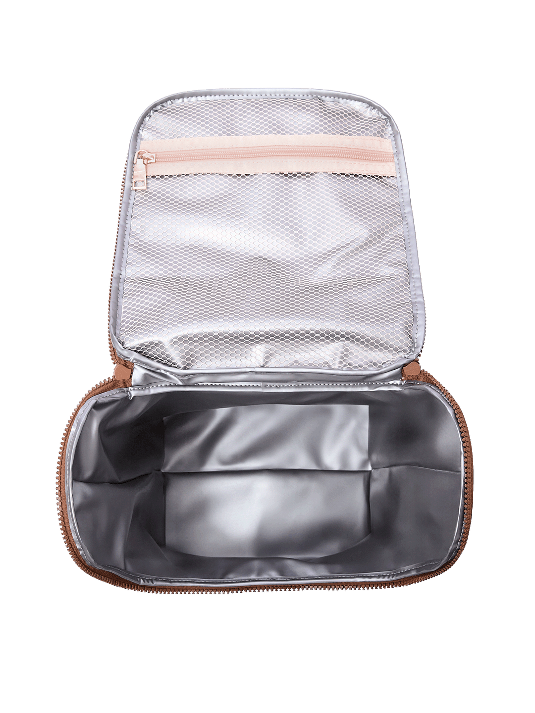 Interior of The Lunch Date lunch bag in Brown Floral showing insulated, wipeable lining and mesh storage pockets