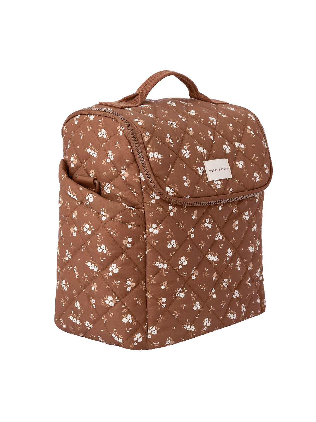 Side view of The Lunch Date lunch bag in Brown Floral showing structured design and top handle