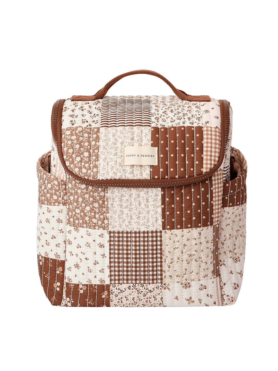 Front view of The Lunch Date lunch bag in Brown Patchwork