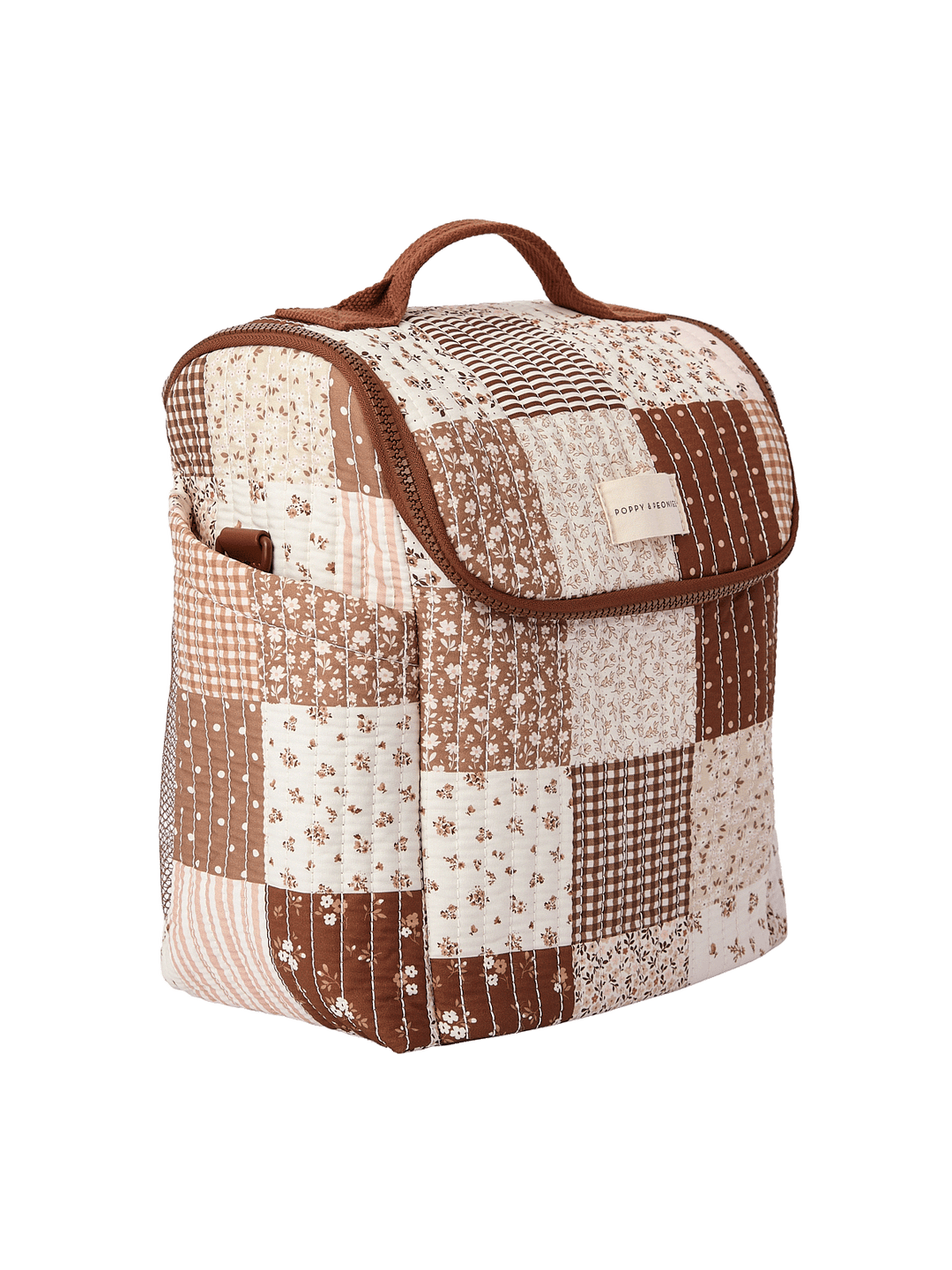 Side view of The Lunch Date lunch bag in Brown Patchwork showing structured design and top handle