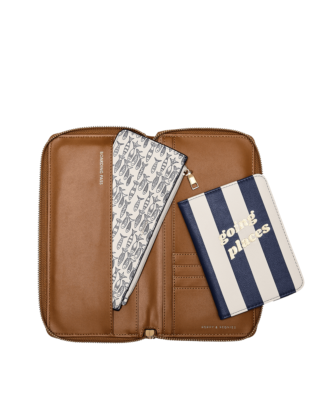 Brown travel organizer with a striped passport cover and patterned pouch