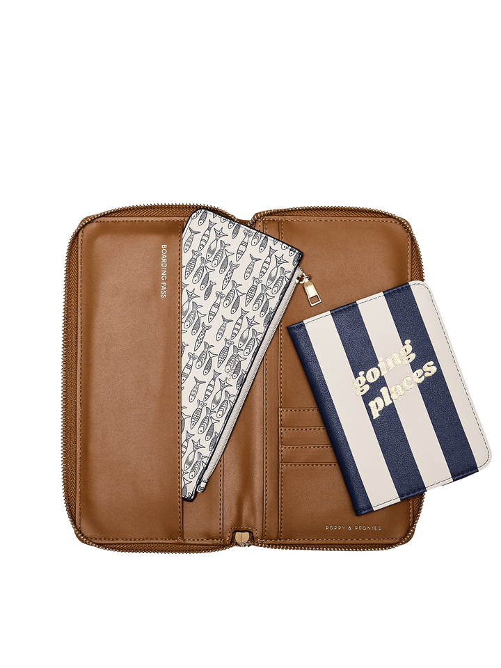 Brown travel organizer with a striped passport cover and patterned pouch