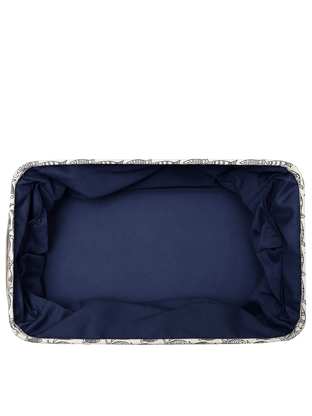 Interior of a navy blue tote bag 