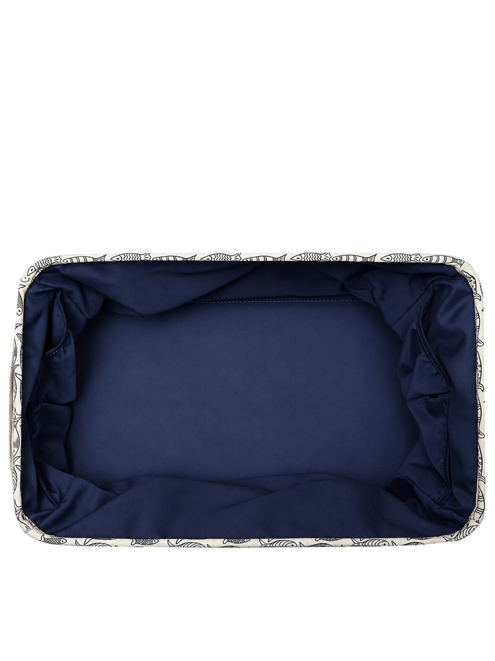 Interior of a navy blue tote bag 