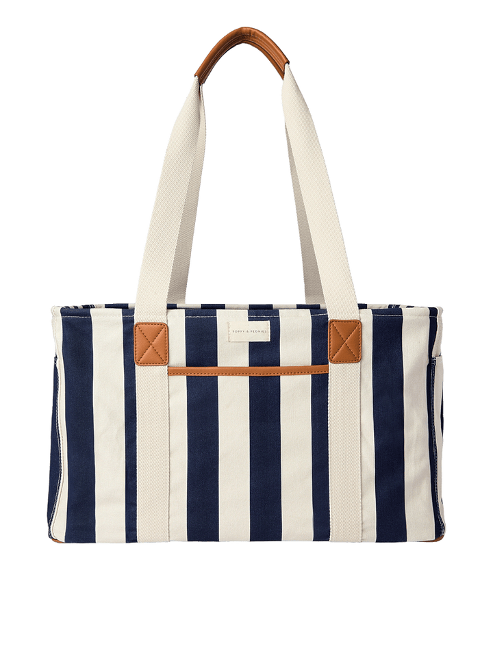 Navy and white striped tote bag with brown accents 