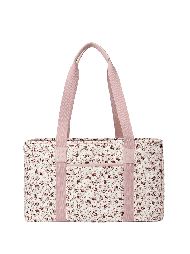 Floral-patterned tote bag with pink handles