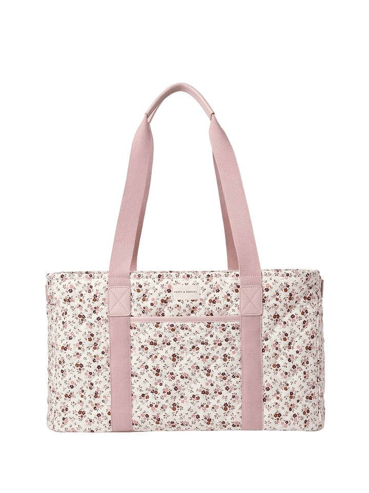 Floral-patterned tote bag with pink handles