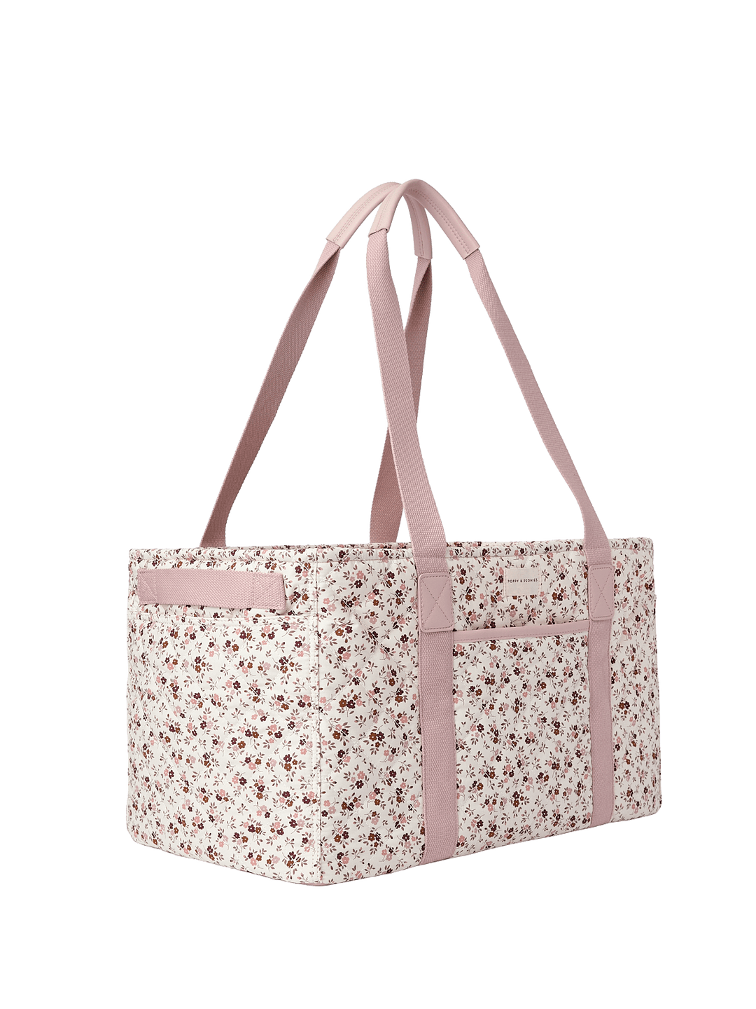 Floral-patterned tote bag with pink handles