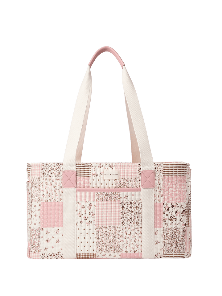 Patchwork tote bag with pink and white pattern 