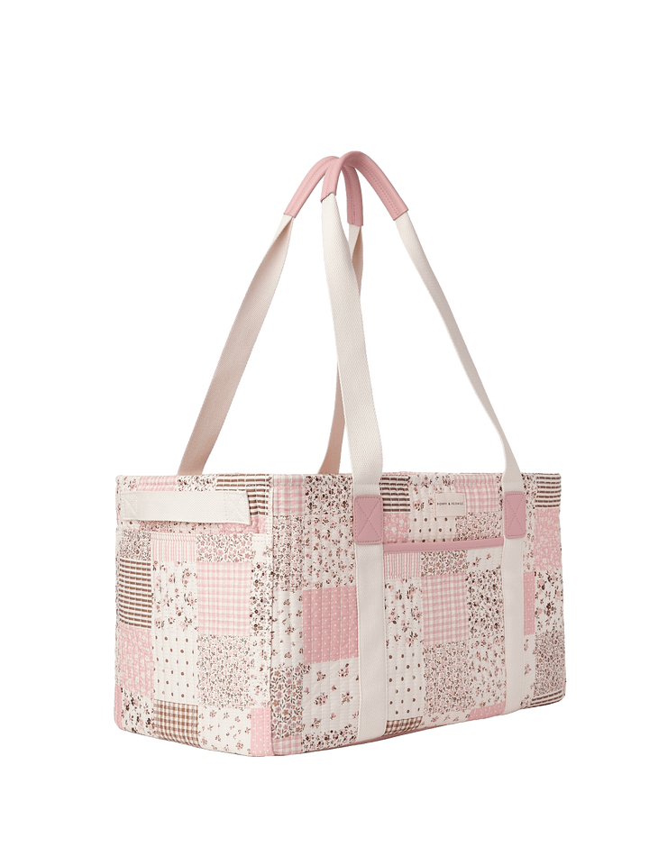 Patchwork tote bag with pink and white pattern 