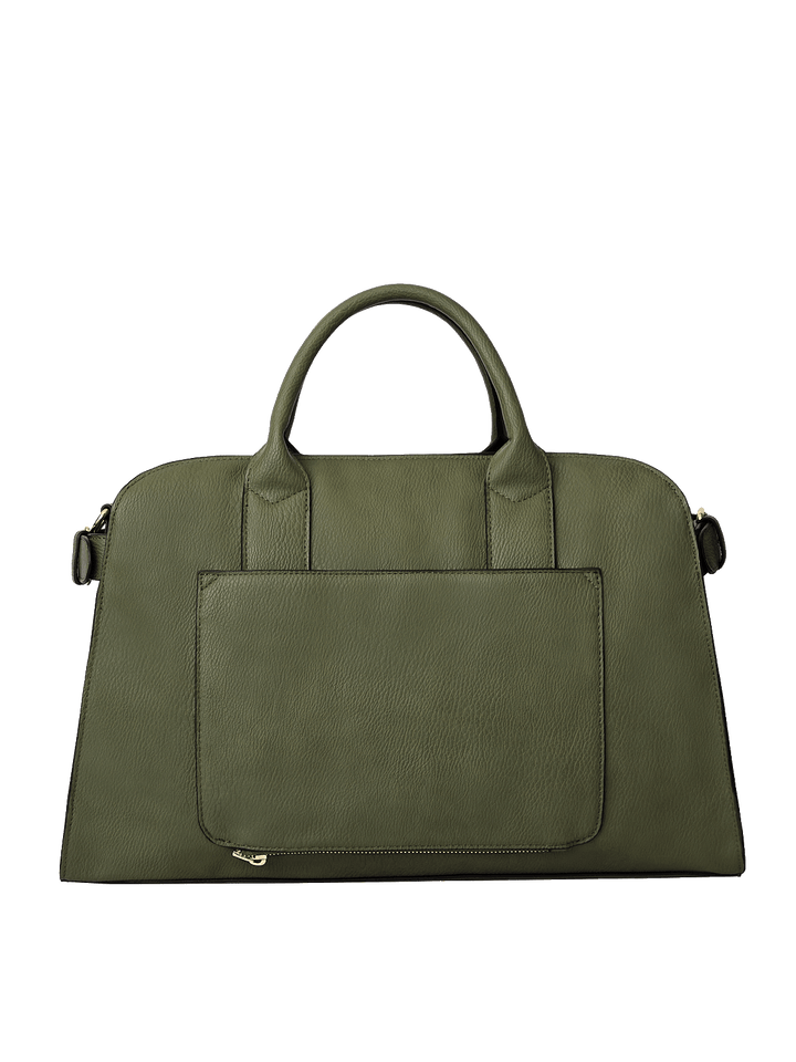 Back view of the Uptown Tote in Olive with trolley sleeve